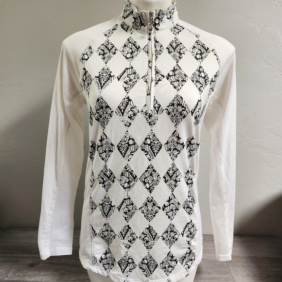 SanSolei White Black Top S Half Zip Diamond Equestrian Prints UPF 50 Breathable - Picture 1 of 8